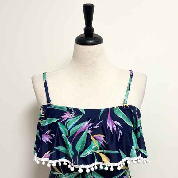 Shein Tropical Floral Flounce Navy One Piece Bathing Suit NWOT Medium Pom Poms - Picture 4 of 12